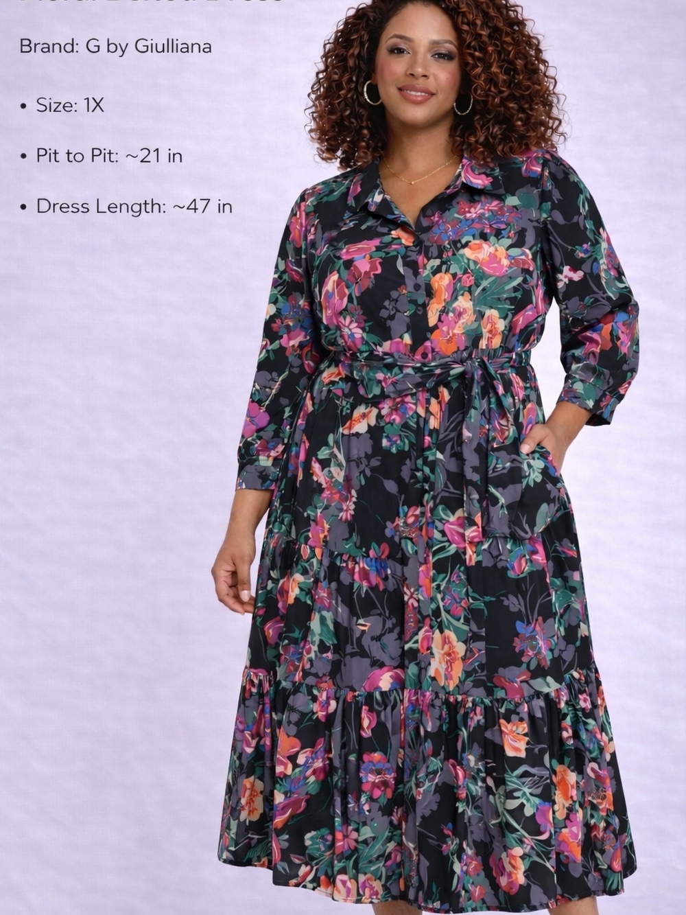 G by Giuliana Black Floral Tie-Waist Maxi Dress Size 1x